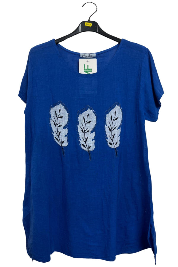 Three White Leaf Motifs Asymmetrical Hem Cotton Top