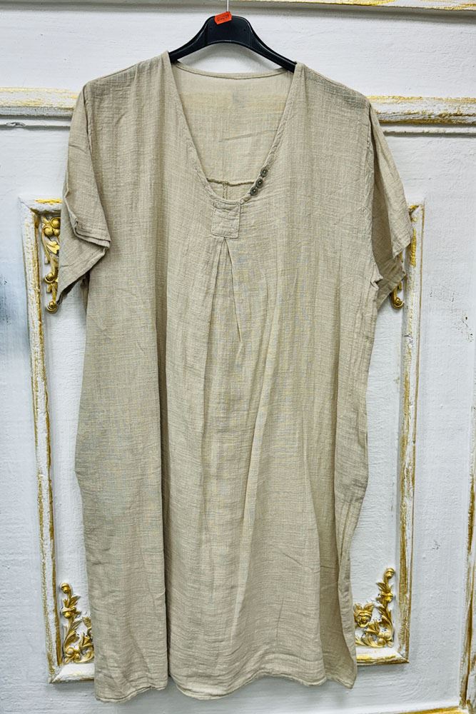 Plain Neck Button Detail Pocket Cotton Dress