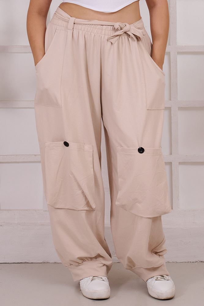 Plain Belted Pockets Cotton Trousers