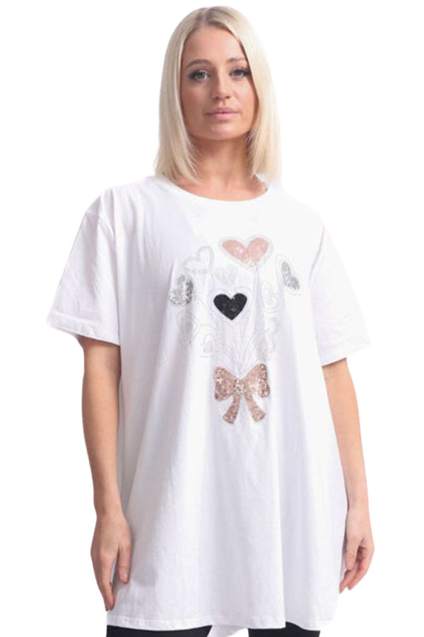 Sequin Bow Heart Pattern Cotton Top