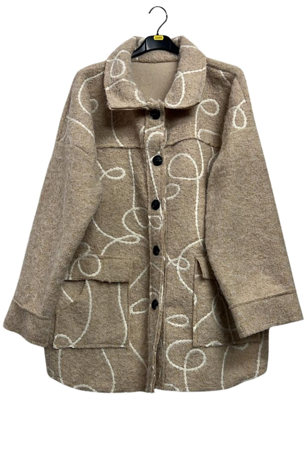 Swirl Pattern Button Closing Front Two Flap Pockets Coat