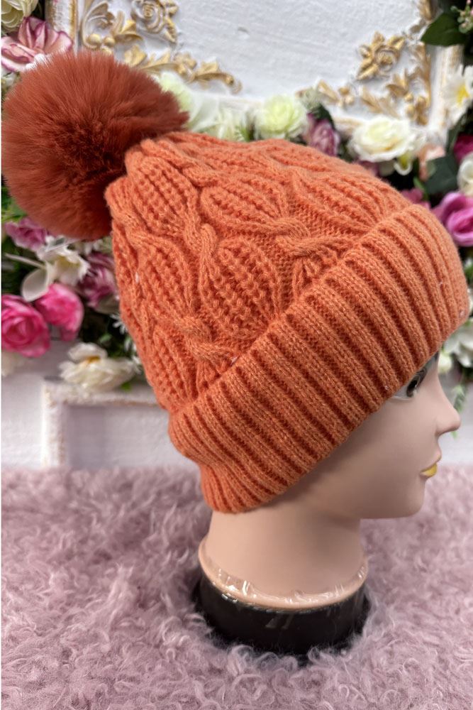 Beanie Cable Knit Pattern Fur PomPom Acrylic Hat