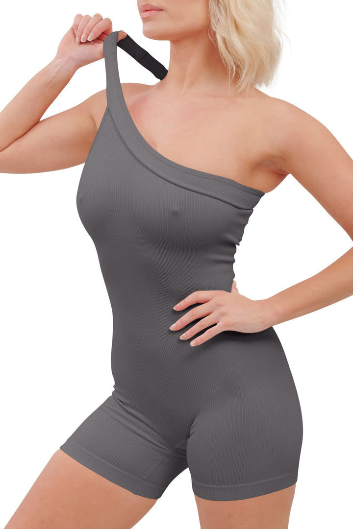 Special Price Plain One Shoulder Seamless Ribbed Nylon Jumpsuit