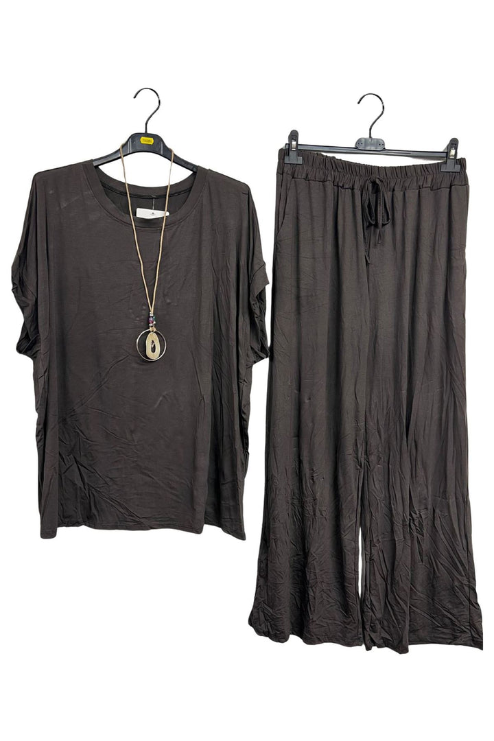 Plain Drawstring Waistband Wide Leg Co-Ord Set