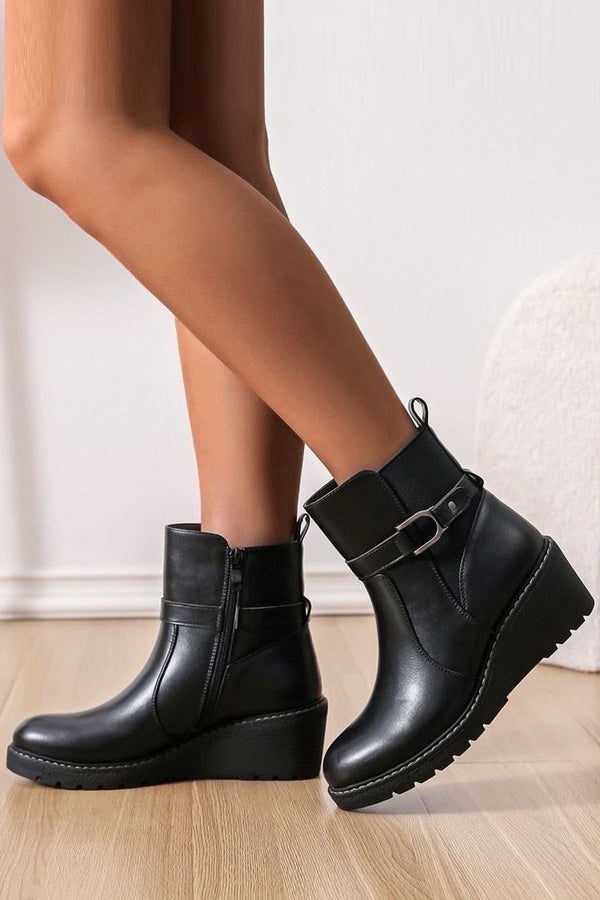 Side Buckle Zip Up Wedge Ankle Shoes