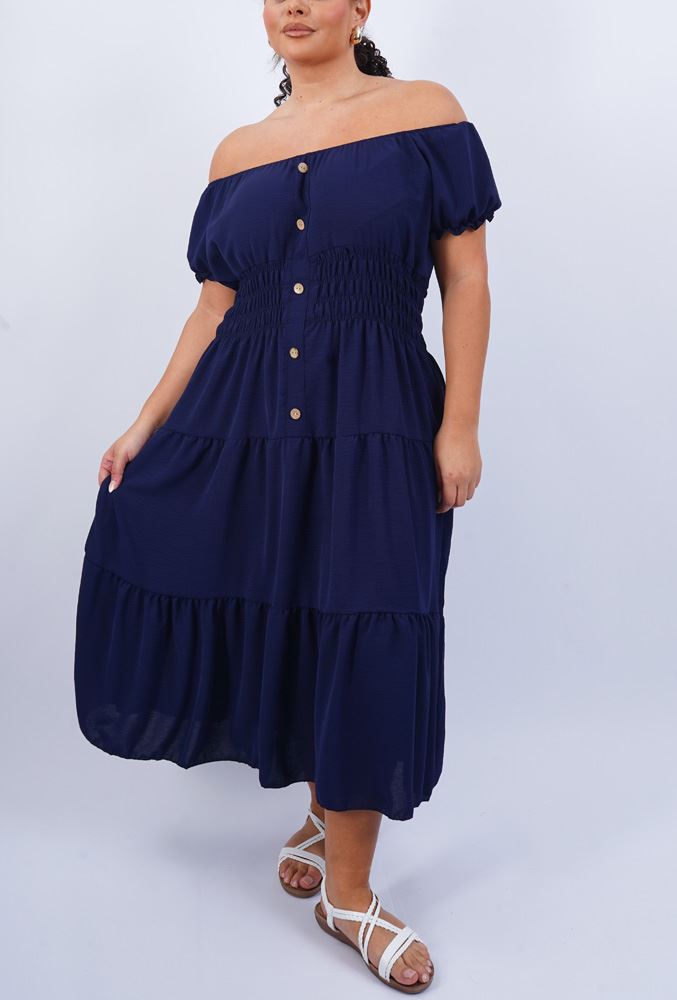 Plain Shirred Waist Tiered Dress