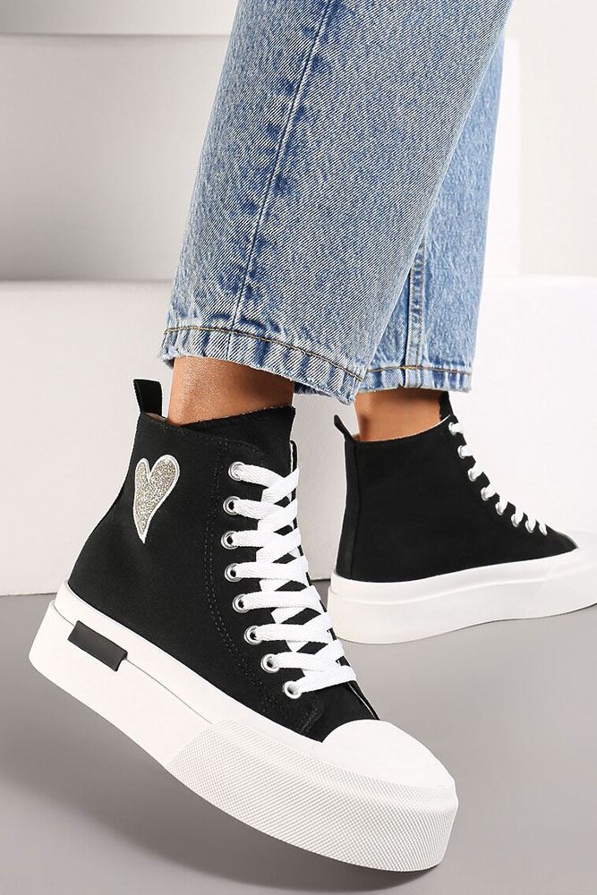 Glitter Heart Canvas High Ankle Lace Up Sneakers