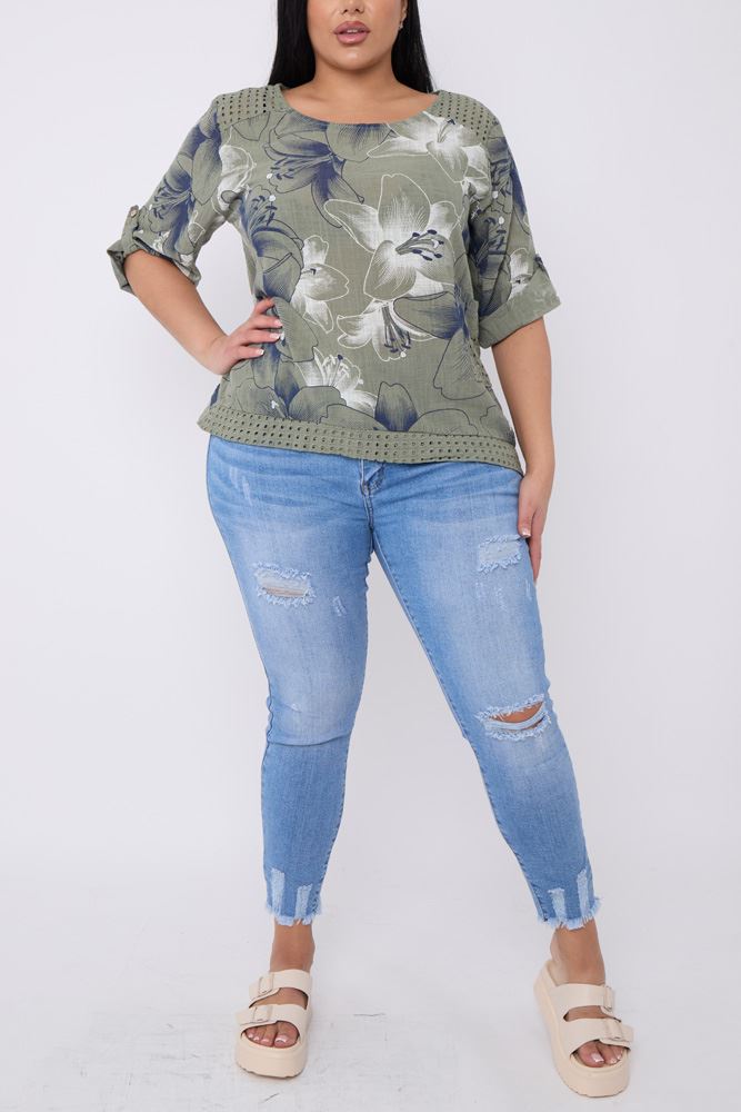 Lily Flower Print Cut Work Cotton Top