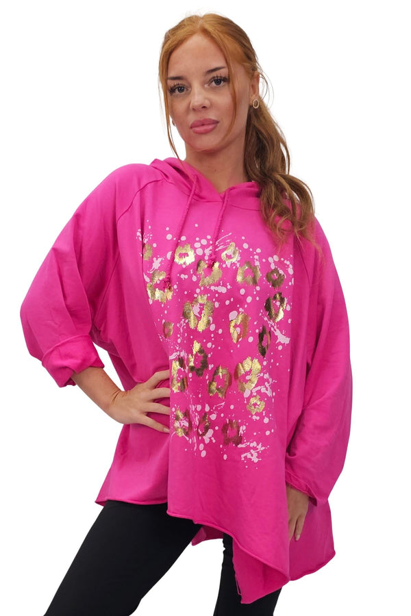 Leopard Foil Splash Print String Hoody High Low Hem Cotton Hoodie