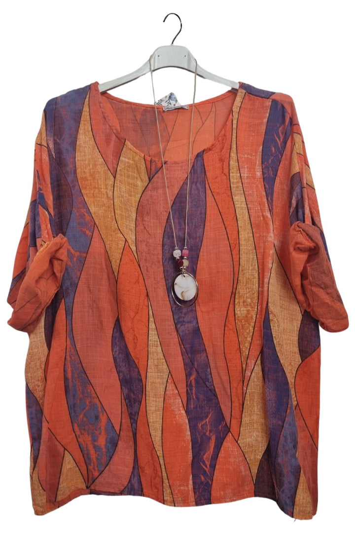 Vertical Waves Print With Necklace Cotton Top