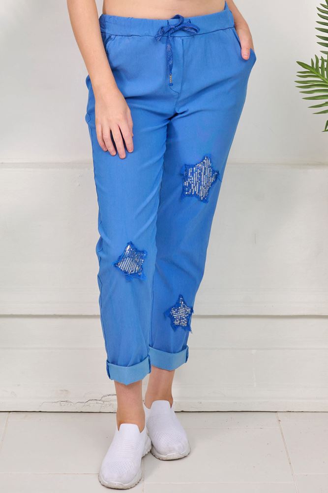 Sequin Star Motif Pockets Cotton Trousers