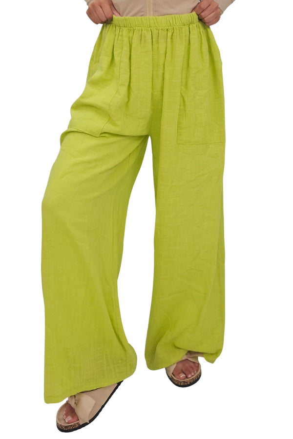 Plain Side Pockets Wide Leg Cotton Palazzo
