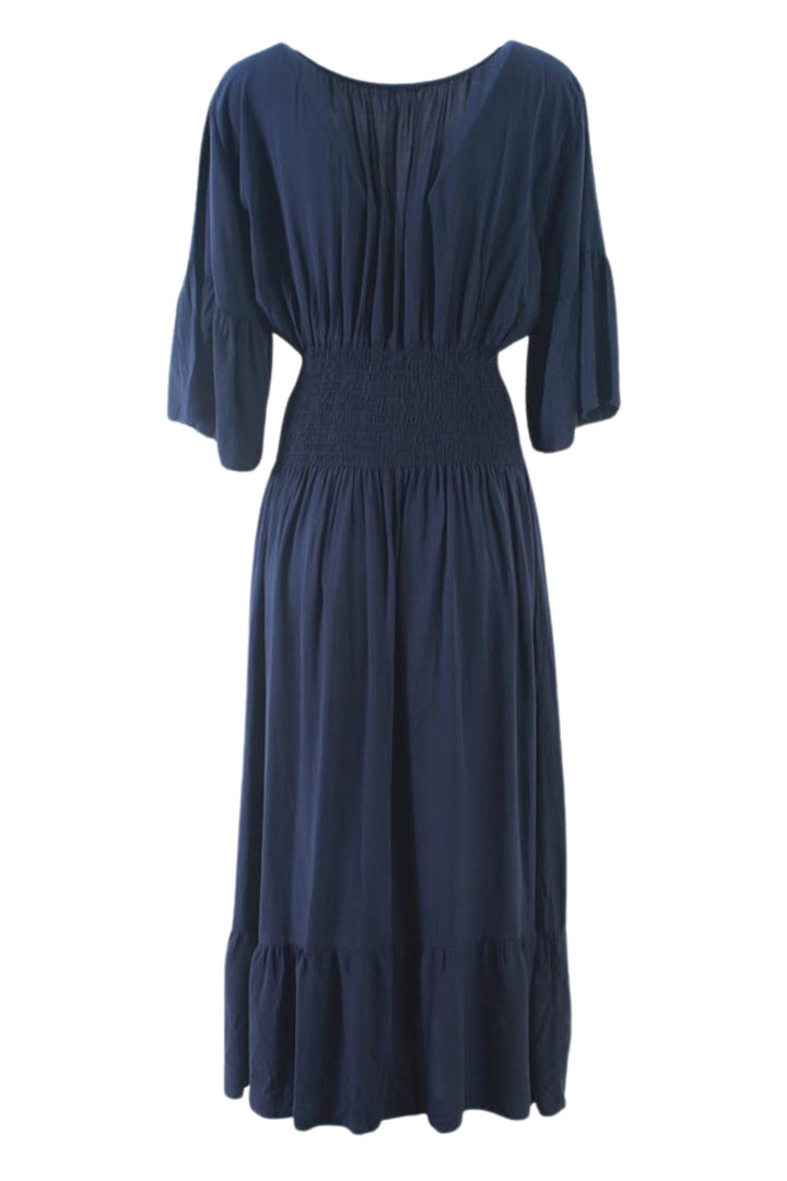 Plain Shirred Waist Flared Sleeves Maxi Dress