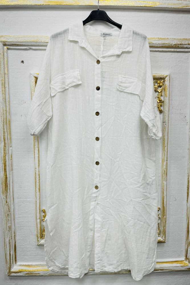 Plain Button Up Round Hem Cotton Long Shirt