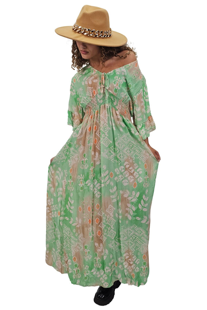 Leaves Print Gathered Waist Dress