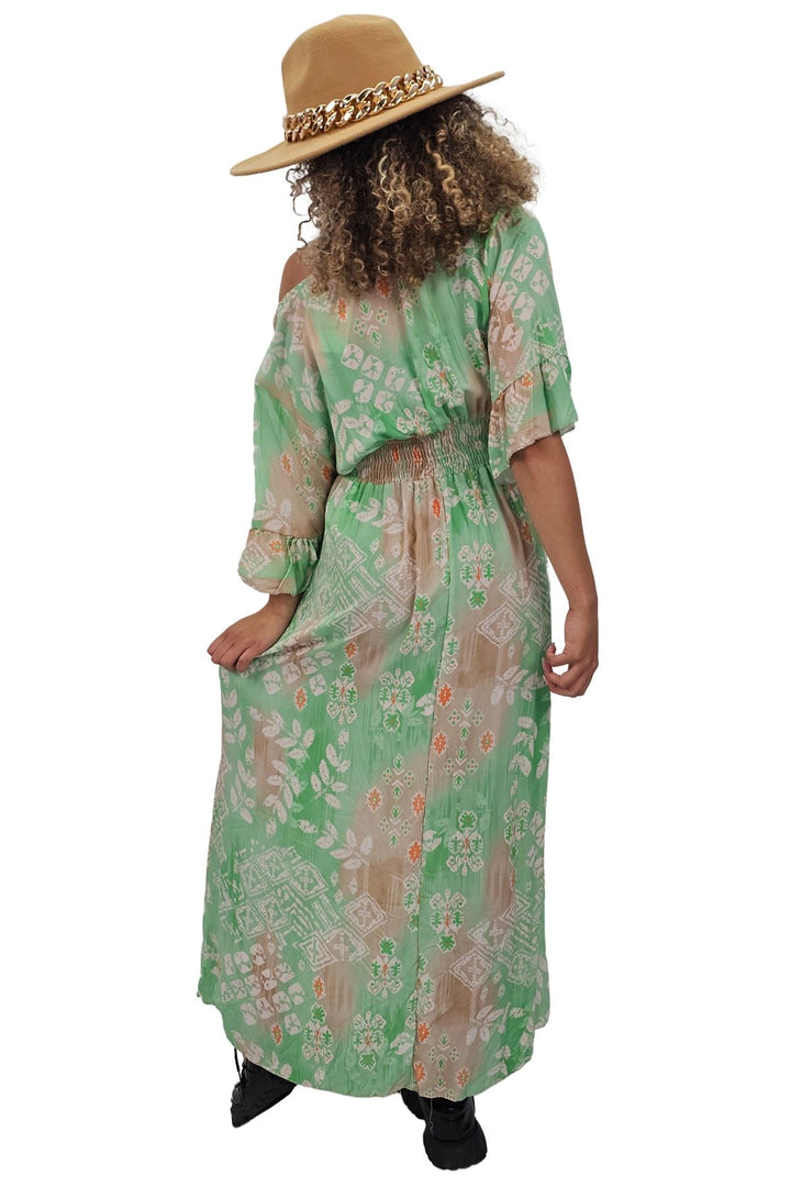 Leaves Print Gathered Waist Dress