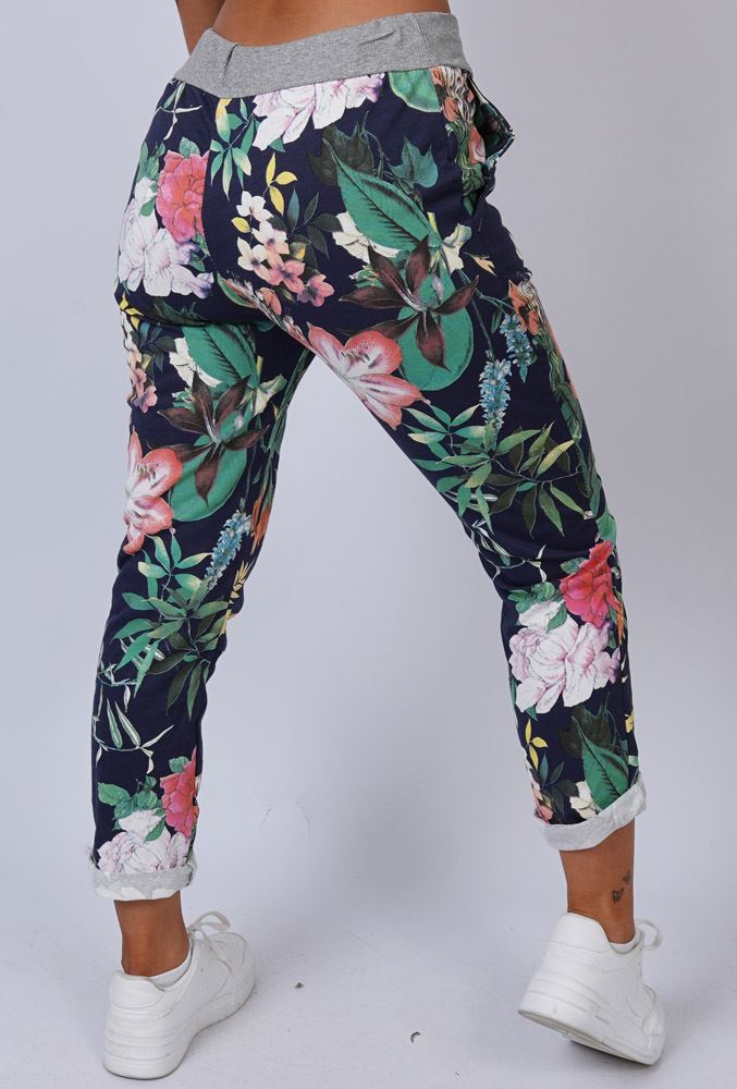 Tropical Flower Print Pockets Cotton Trousers