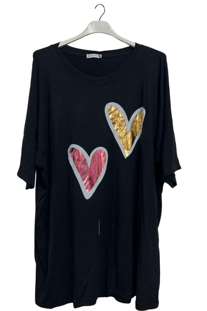 Dual Metallic Foil Hearts Oversized Top