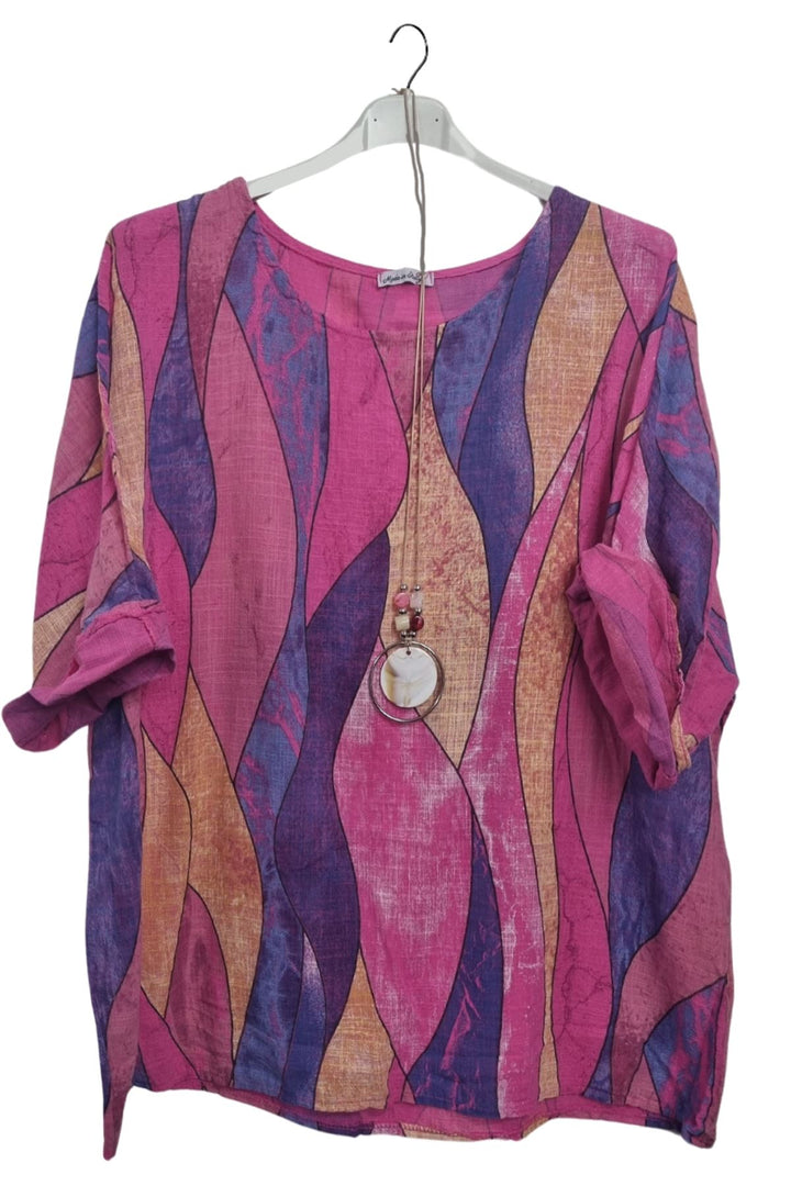 Vertical Waves Print With Necklace Cotton Top