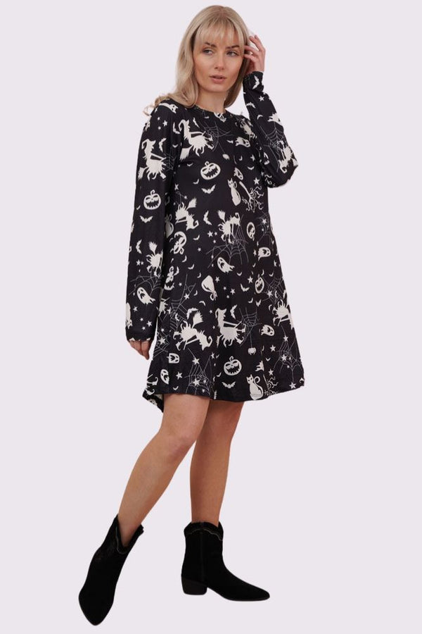 Cat Ghost Pumpkin Print Halloween Dress