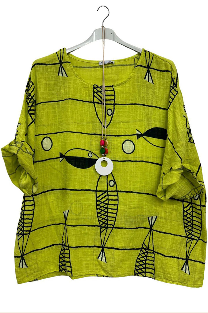 Abstract Fish Print Cotton Tunic Top