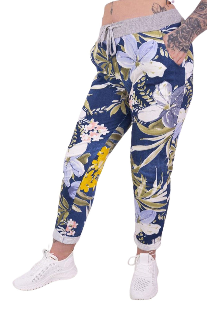 Cotton Tropical Floral Print Drawstring Trousers