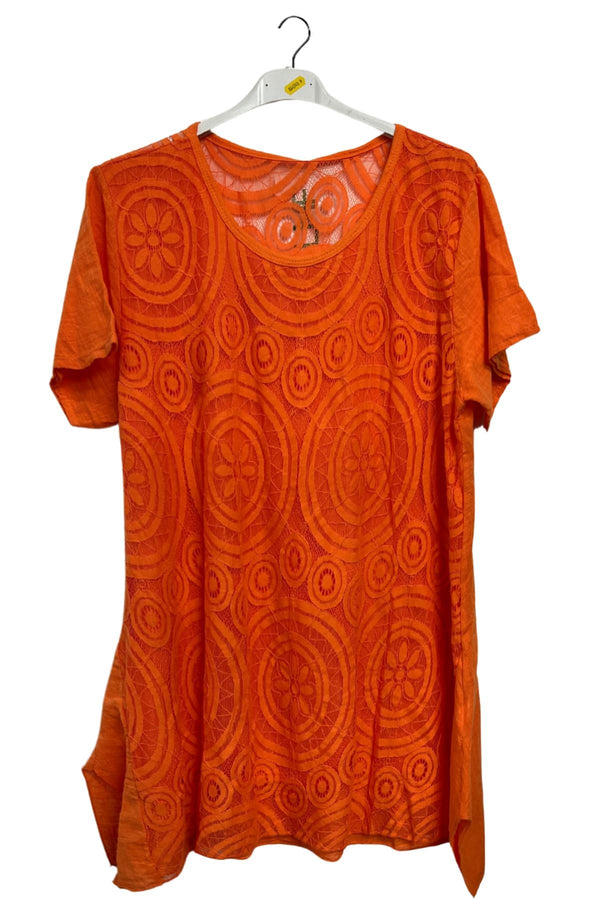 Flower Embroidery Pattern Side Slit Cotton Top