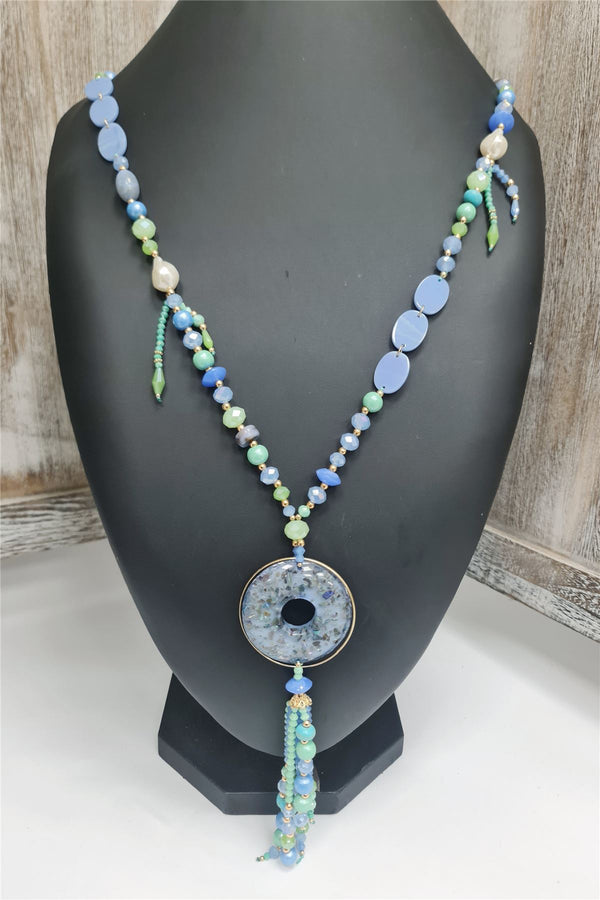 Resin Pendant Beaded Tassels Necklace