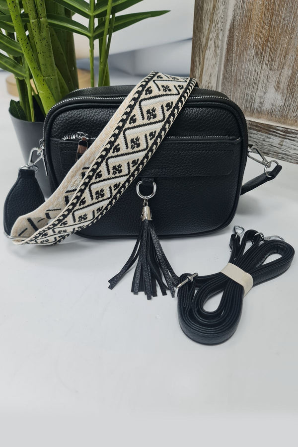 Adjustable Patterned Strap Tassel Shoulder Bag
