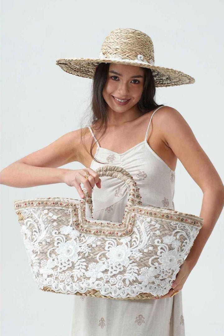 Embroidered Beaded Trim Straw Tote Bag