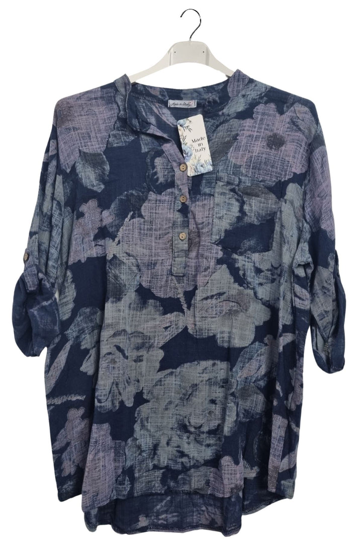 Floral Print Chest Pocket Oversized Tunic Cotton Top