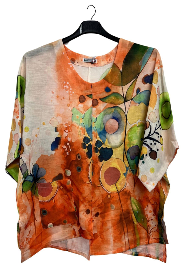 Abstract Watercolour-Style Print Asymmetrical Hemline Cotton Top