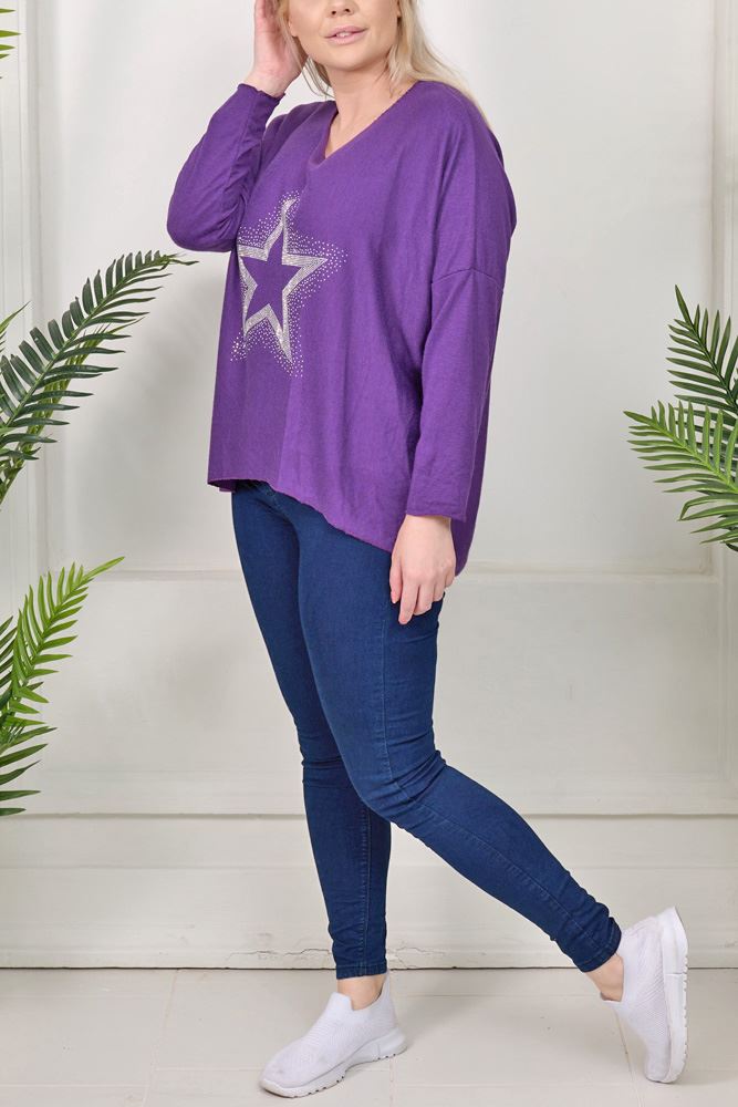 Star Diamante Motif Dipped Hem Viscose Top