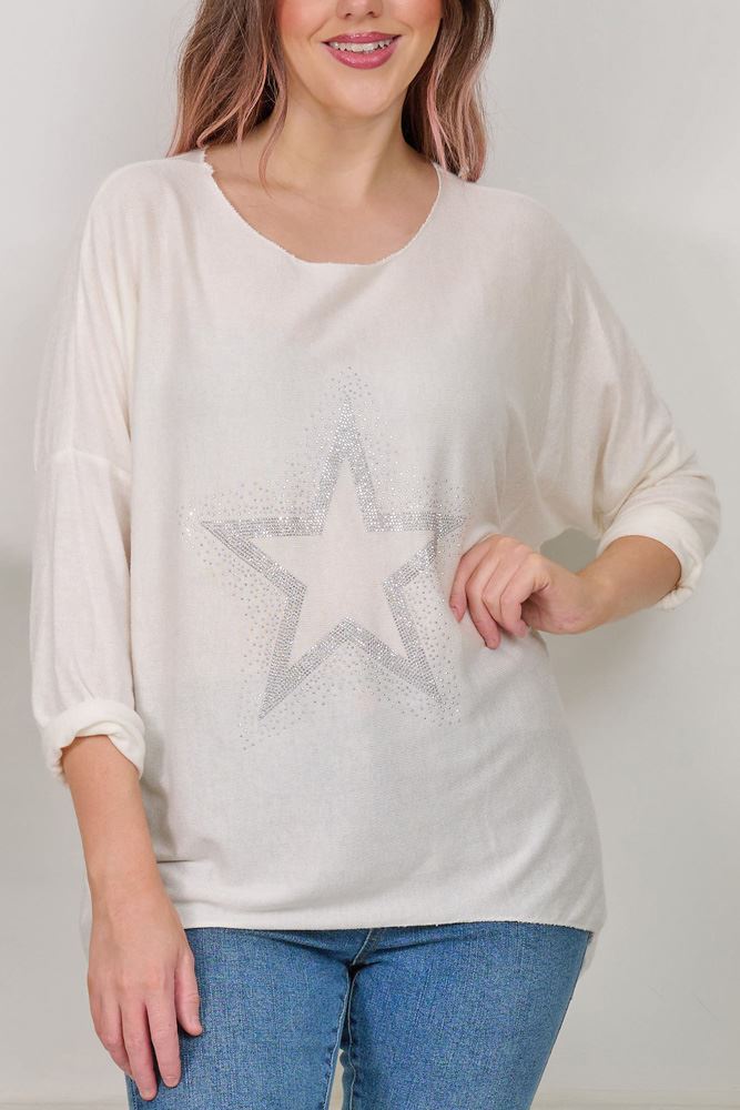 Star Diamante Motif Dipped Hem Viscose Top