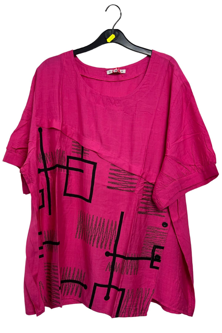 Abstract Block Print Side Button Detail Cotton Top