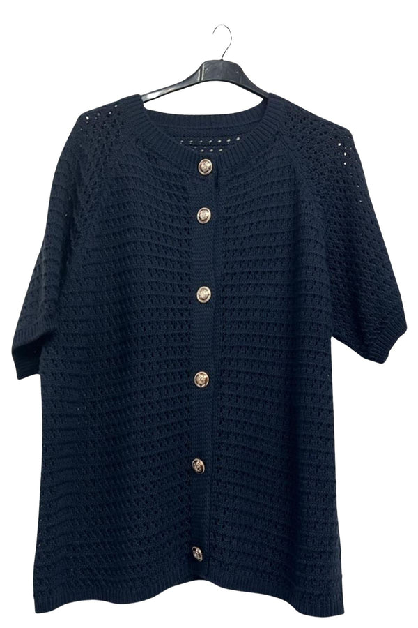 Plain Eyelet Texture Front Button Down Detail Cardigan