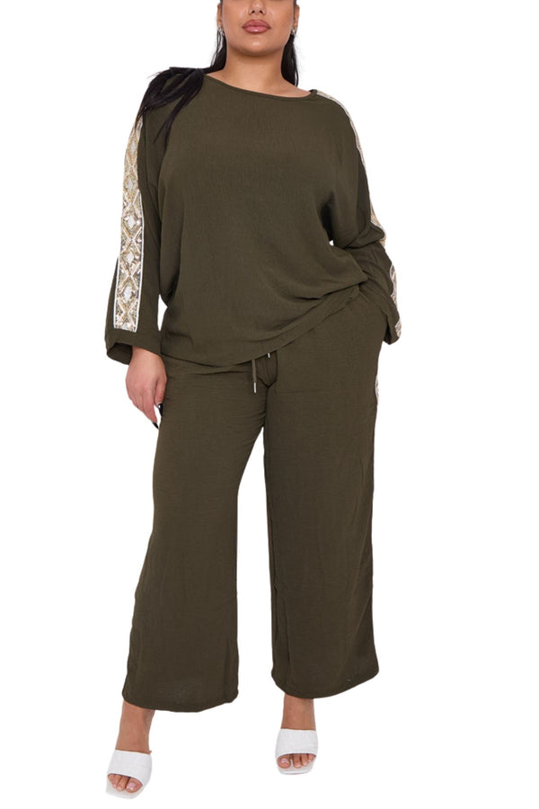 Plain Side Sequin Lace Drawstring Waistband Co-Ord Set
