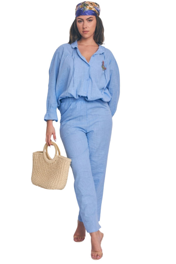Plain Collar Button Up Cotton Co-Ord Set