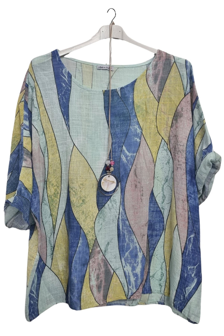 Vertical Waves Print With Necklace Cotton Top