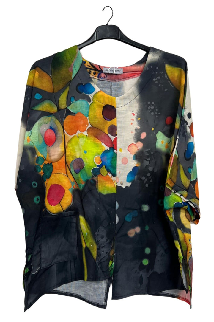 Abstract Watercolour-Style Print Asymmetrical Hemline Cotton Top