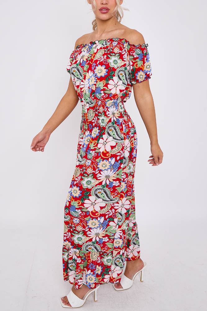Paisley Floral Print Shirred Waist Tiered Hem Dress