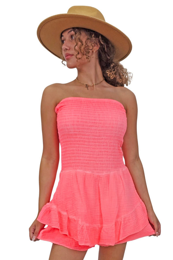 Plain Smocked Strapless Ruffled Tiered Hem Cotton Dress