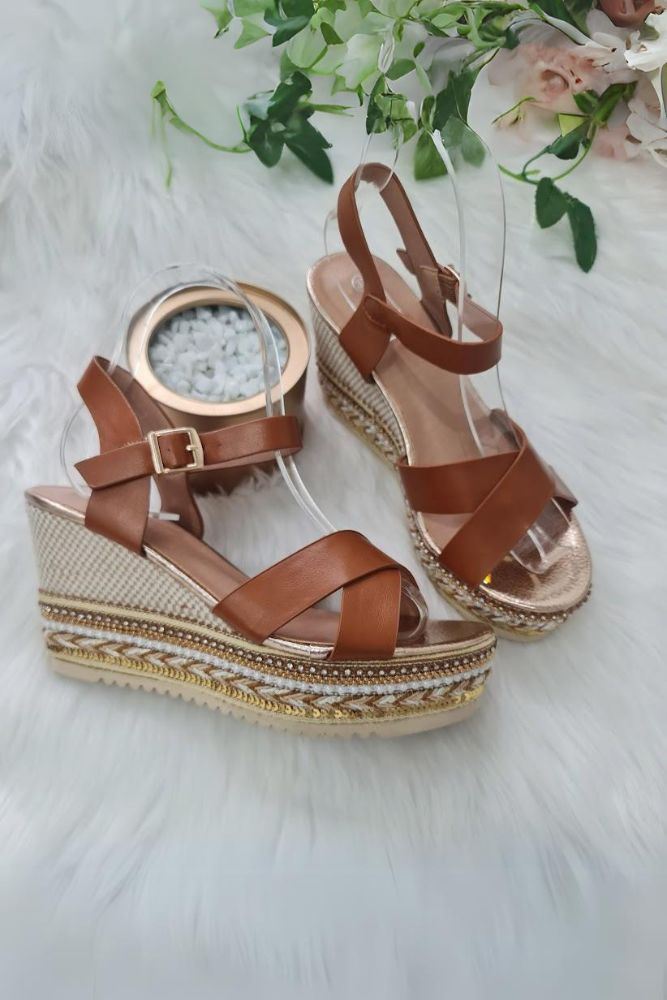 Leather Crossover Strap Lace Lined Wedge Sandal