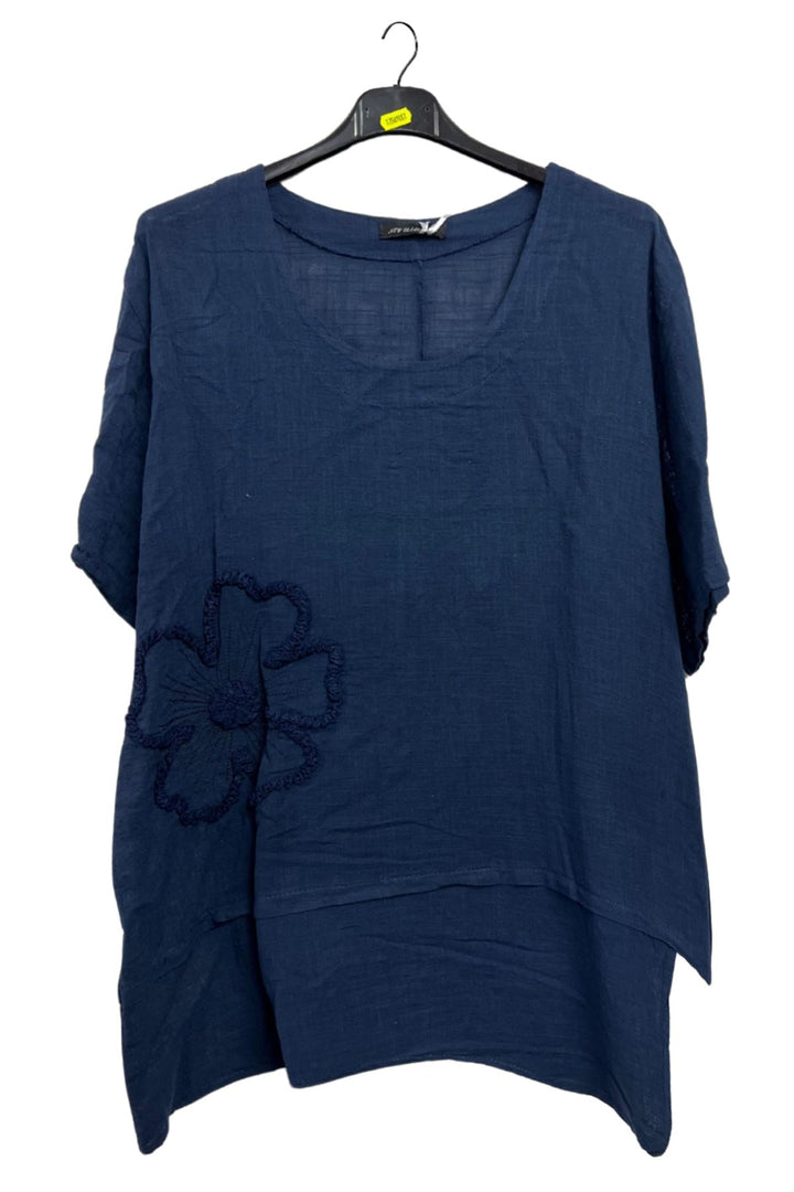Plain Embroidered Floral Applique Cotton Top