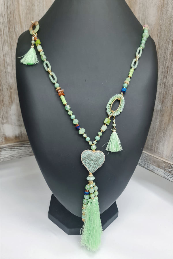 Heart Pendant Beaded Tassel Necklace