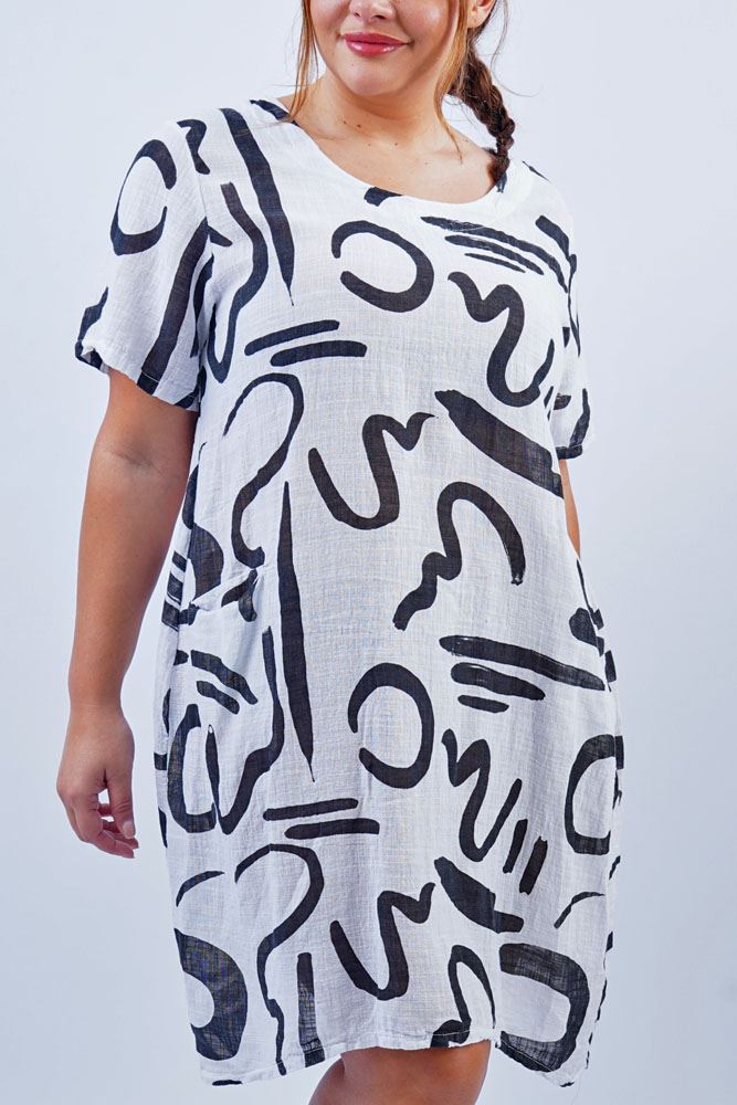 Abstract Line Print Pockets Cotton Dress