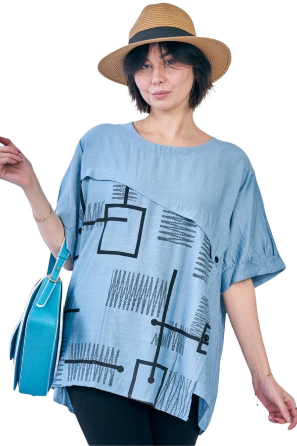 Abstract Block Print Side Button Detail Cotton Top