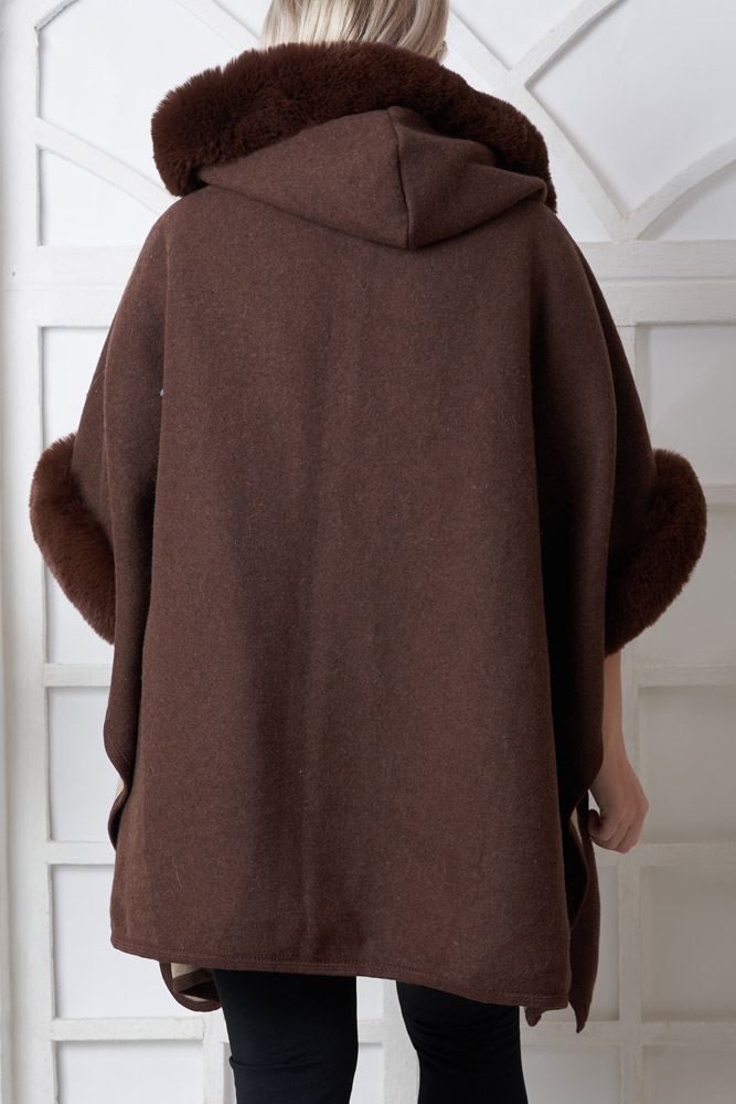 Plain Faux Fur Trim Pocket Poncho