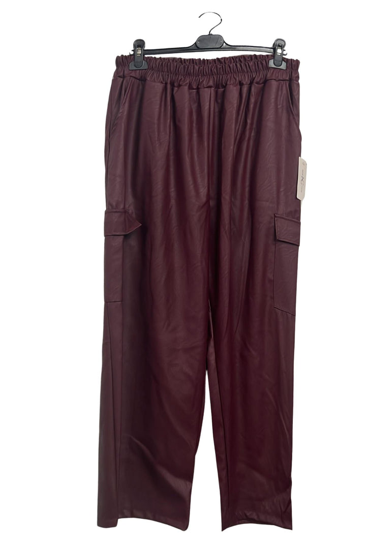 Plain Faux PU Leather Wide Leg Cargo Trousers
