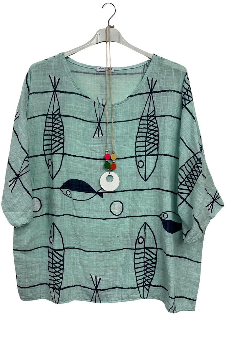 Abstract Fish Print Cotton Tunic Top